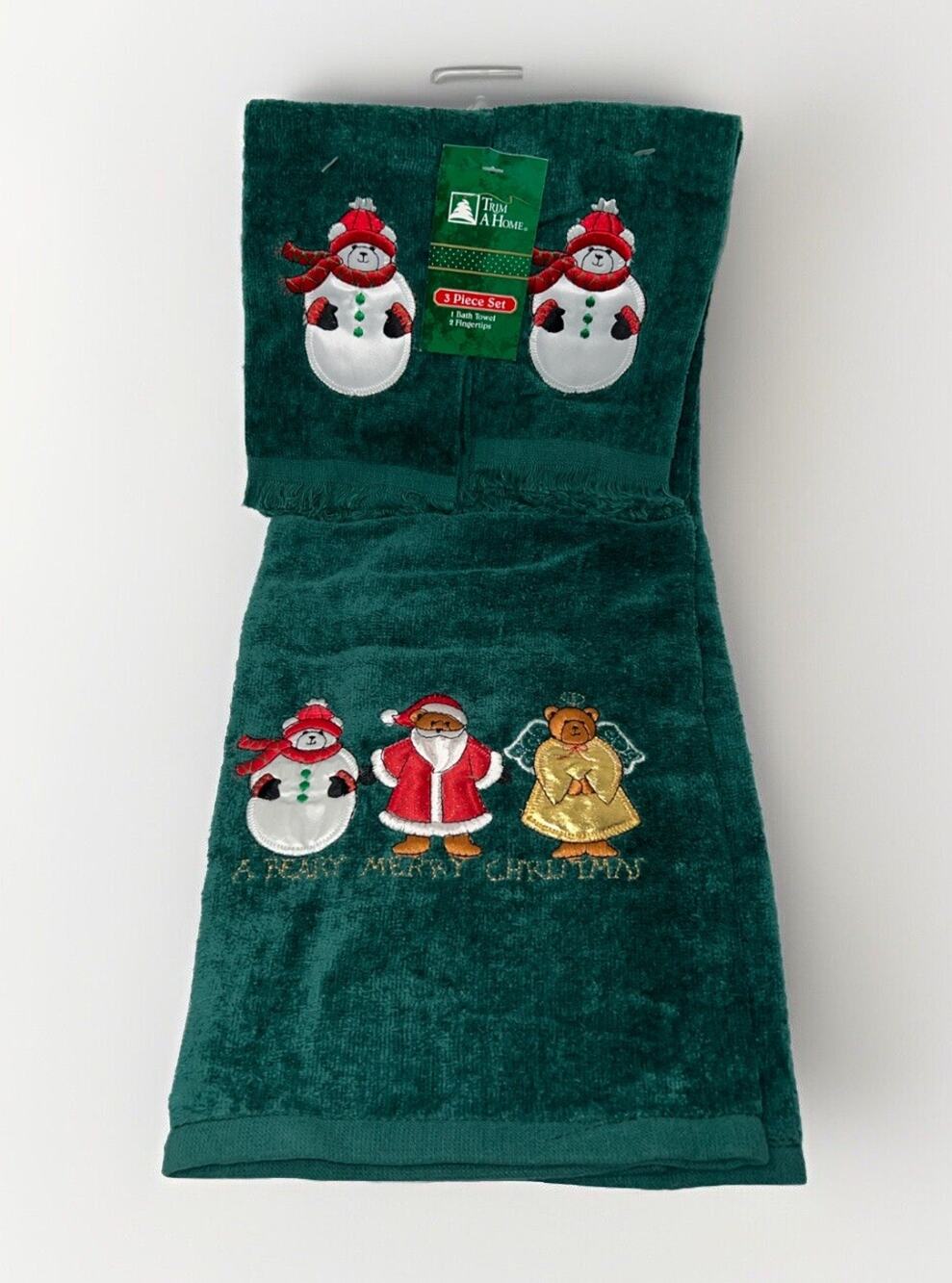 Vtg Kmart Trim A Home Green W/Snowman & Holiday Bears Towel Set 1 Bath 2 Finger